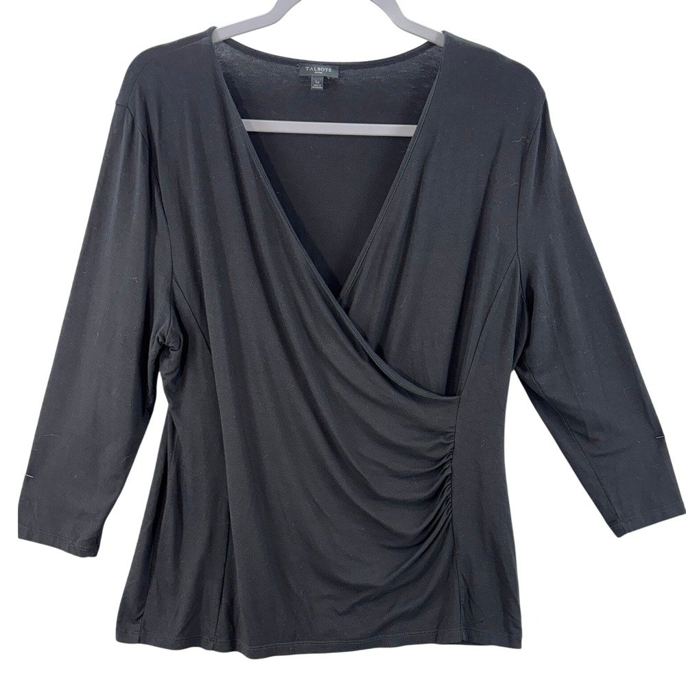 Talbots Petites Wrap Top Womens LP Black Surplice Side Ruched 3/4 Sleeve V-Neck